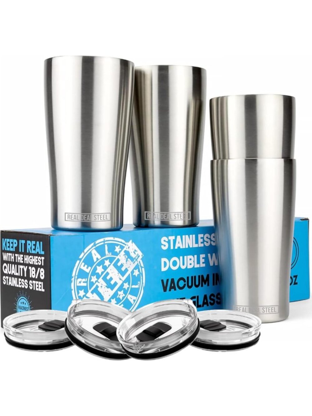 Set of 4 Stainless Steel Insulated Pint Glasses - 16oz Outdoor Cups with Lids